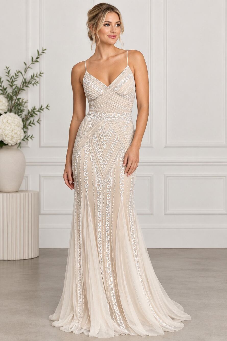 Marina Deco Beaded Mesh Gown Size 2 Champagne Art Deco Sequin Formal Dress NWT